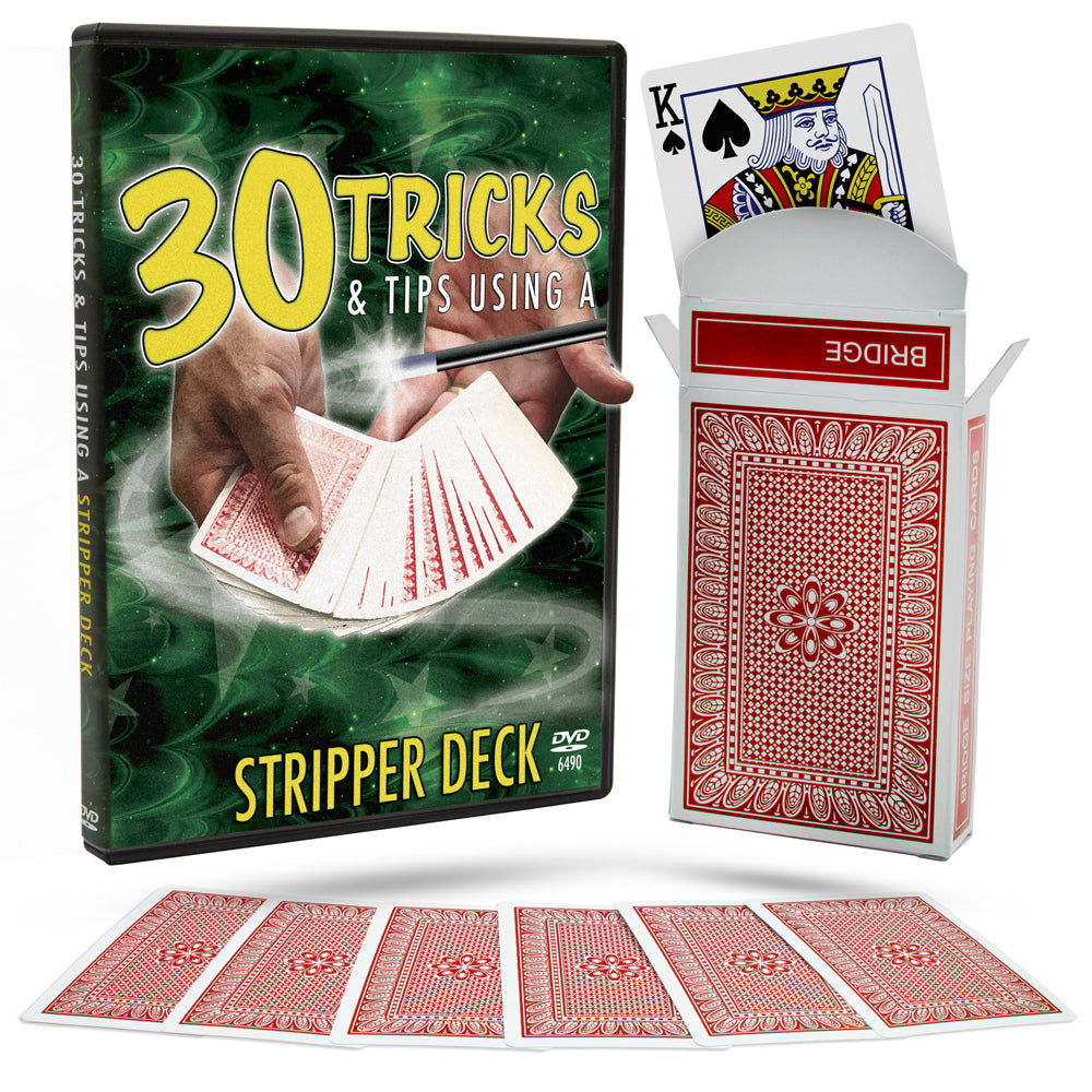 Explore the magic with this Stripper Deck and Training DVD set, showcasing a tapered deck of cards for astonishing tricks.