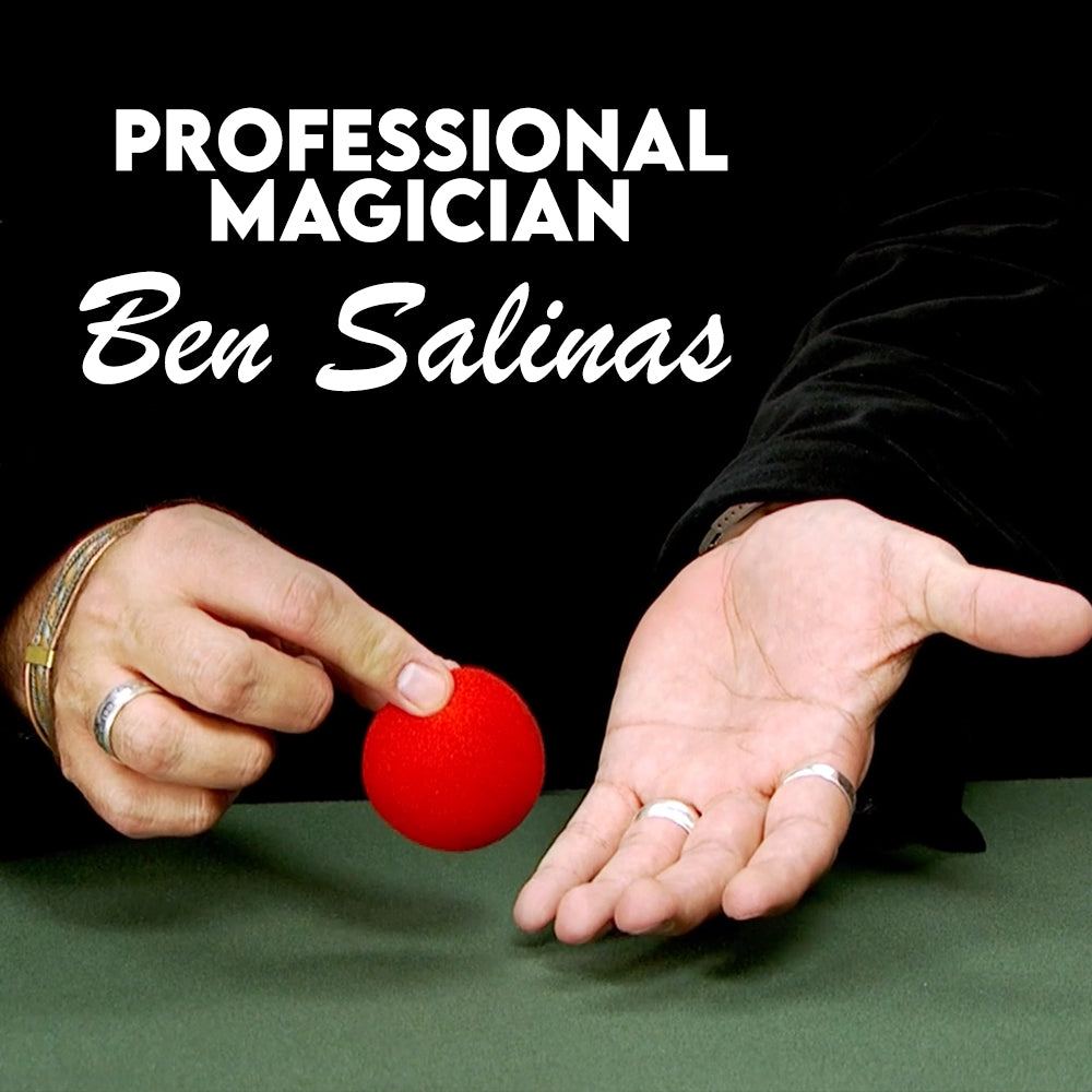 Bright red Magic Sponge Balls kit with 4 vibrant balls and an instructional magic course DVD for mastering tricks.