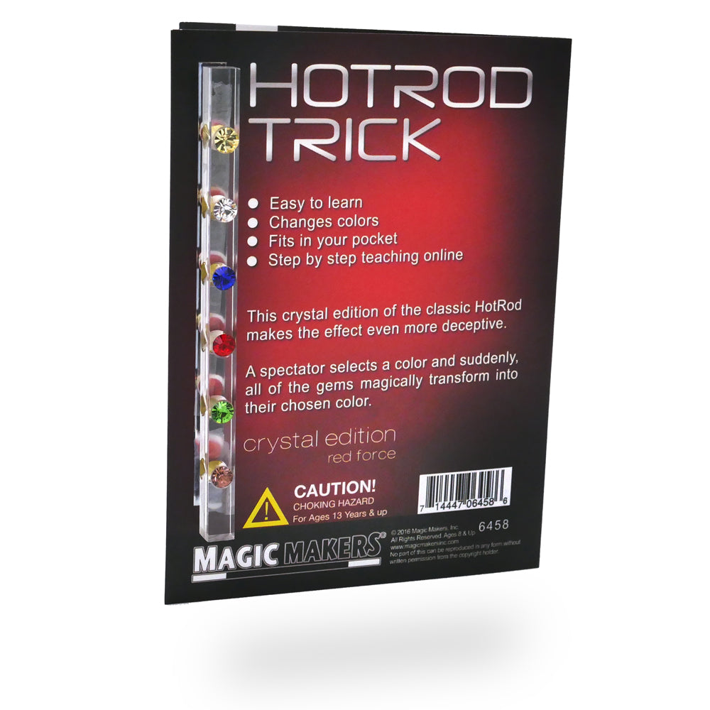 Vibrant red Crystal Hotrod magic trick with shimmering gems that transform colors, displayed in a compact, pocket-sized design.