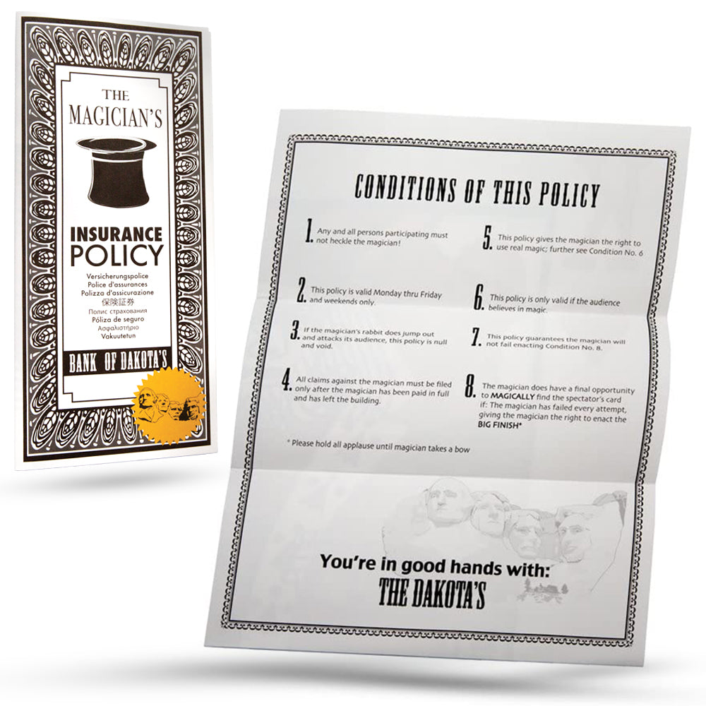 Close-up of the Ultimate Magician's Insurance Policy, showcasing its durable linen paper and folded stage-pallor design.