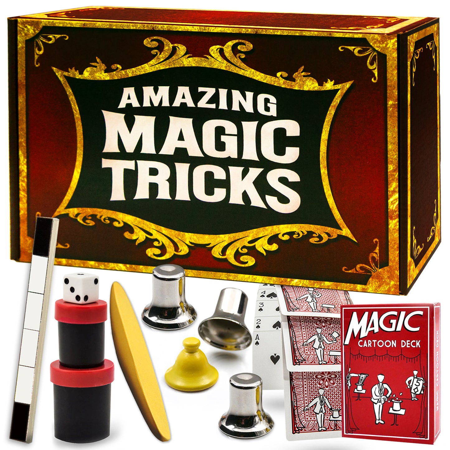 Explore the Amazing Magic Tricks Kit, packed with colorful props like the Magic Cartoon Deck and Secret Cups for your next show!