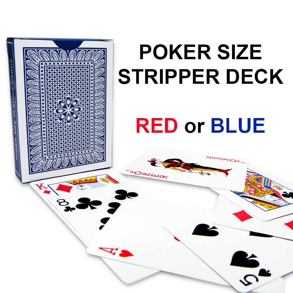 Close-up of a Stripper Deck with a sleek Pro Brand poker-size design, featuring a vibrant red and white back pattern.