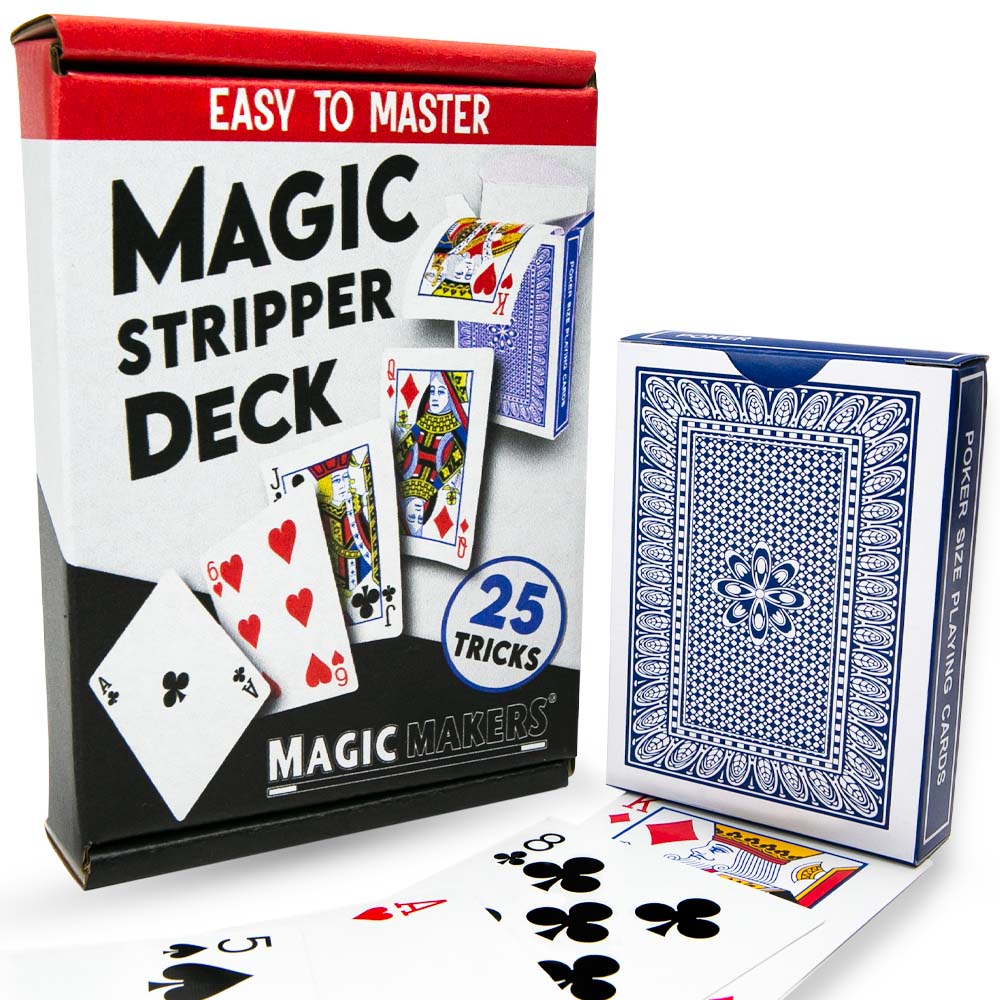 Close-up of a Stripper Deck with a sleek Pro Brand design, featuring poker-size cards with an air cushion finish for magic tricks.