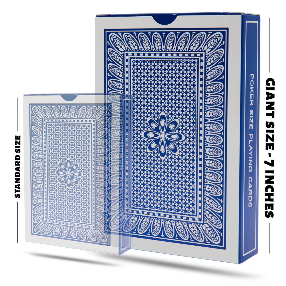 Close-up of a Giant Invisible Deck in striking blue, showcasing its jumbo size and air cushion finish for magic tricks.