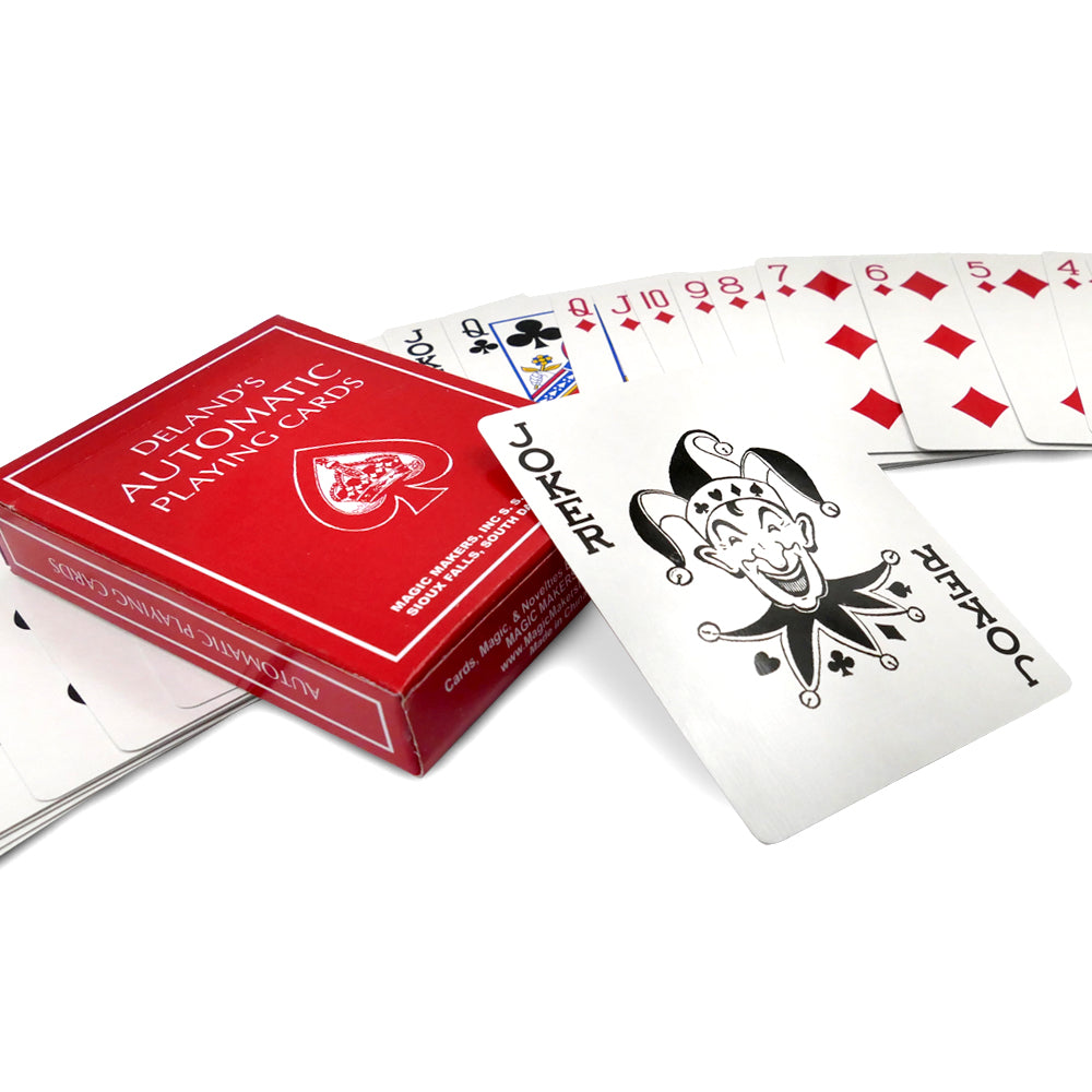 Vibrant red Deland's Marked Automatic Deck showcasing a classic card design, perfect for effortless magic tricks.