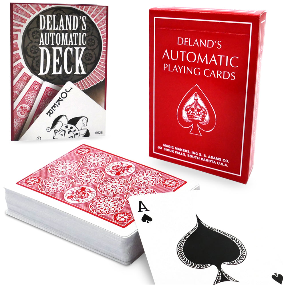 Vibrant red Deland's Marked Automatic Deck with a discreet marking system and tapered design for effortless card magic.