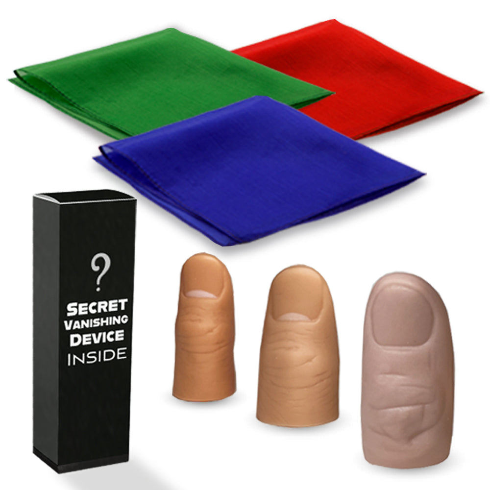 Vibrant red, blue, and green silks with a secret gimmick from the Magic Vanishing Kit, ready to amaze with color-changing tricks.