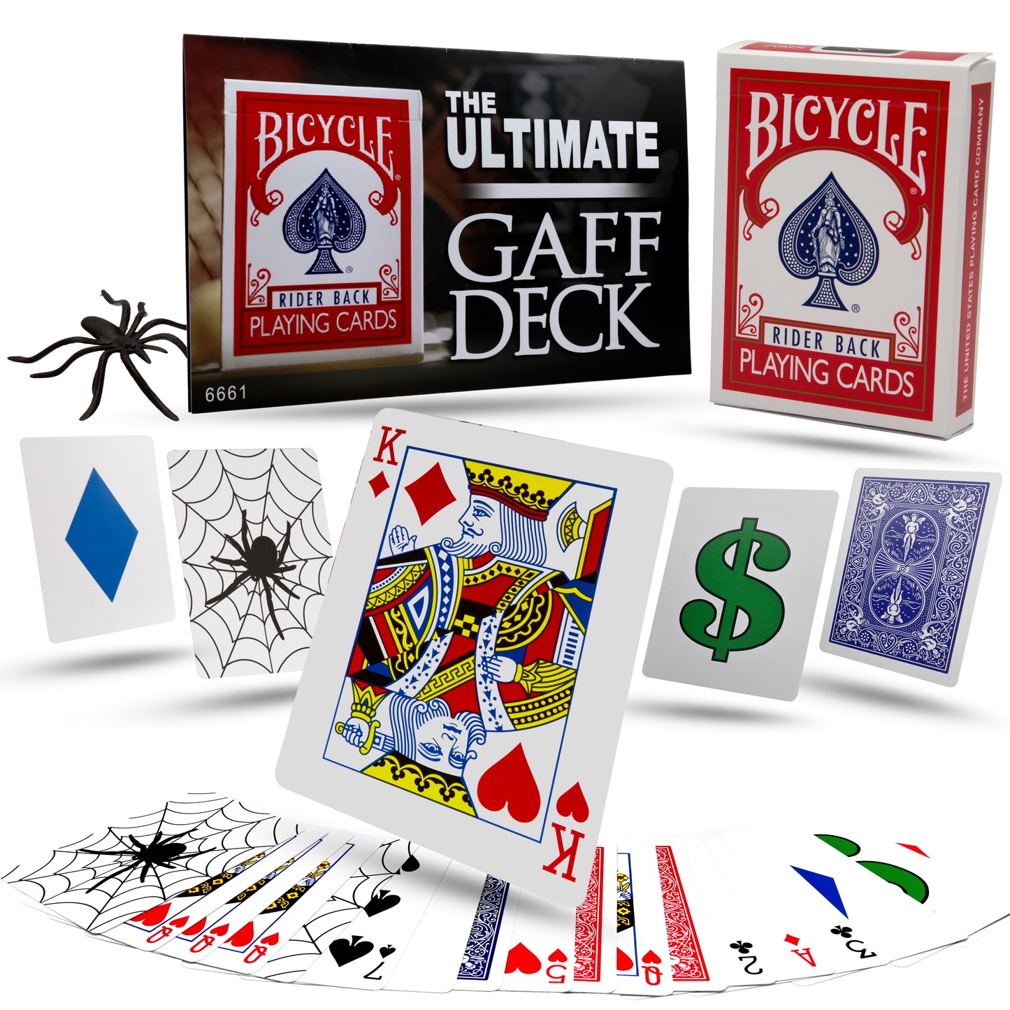 Close-up view of The Ultimate Bicycle Gaff Deck, showcasing a vibrant stack of 56 specially printed magic cards with unique designs.
