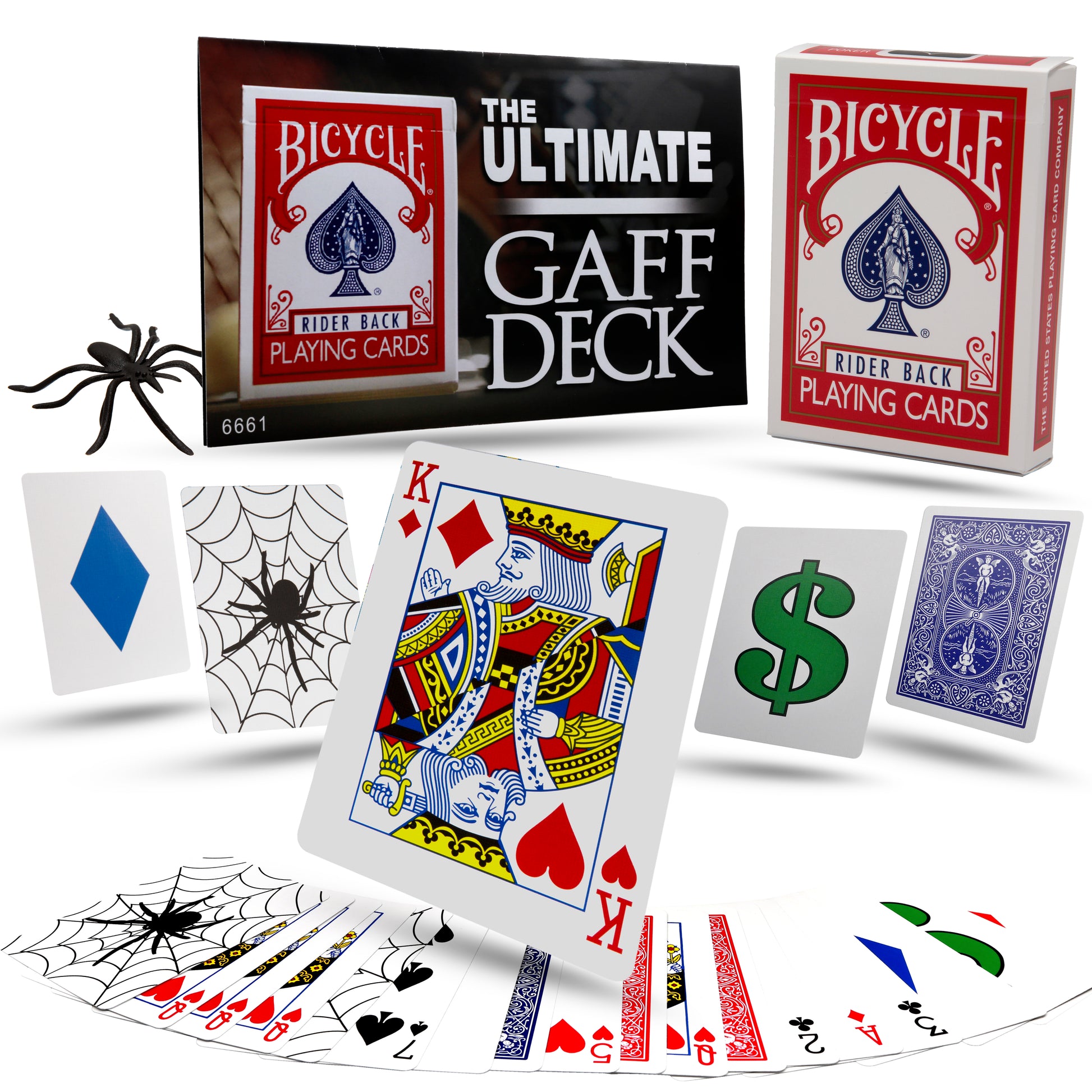Close-up view of The Ultimate Bicycle Gaff Deck, showcasing a vibrant stack of 56 specially printed magic cards with unique designs.