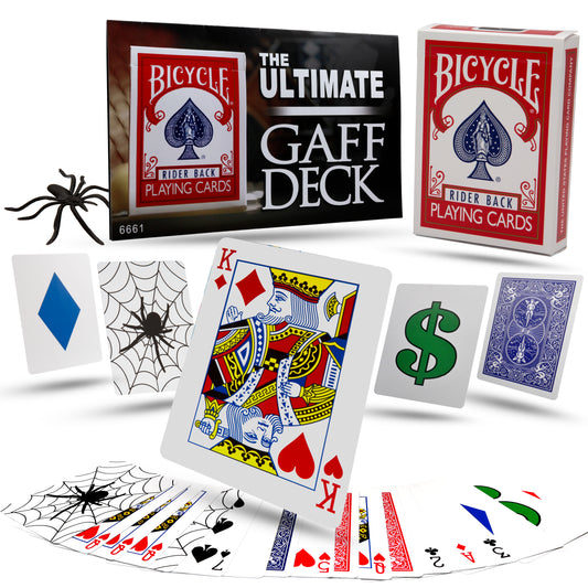 Close-up view of The Ultimate Bicycle Gaff Deck, showcasing a vibrant stack of 56 specially printed magic cards with unique designs.