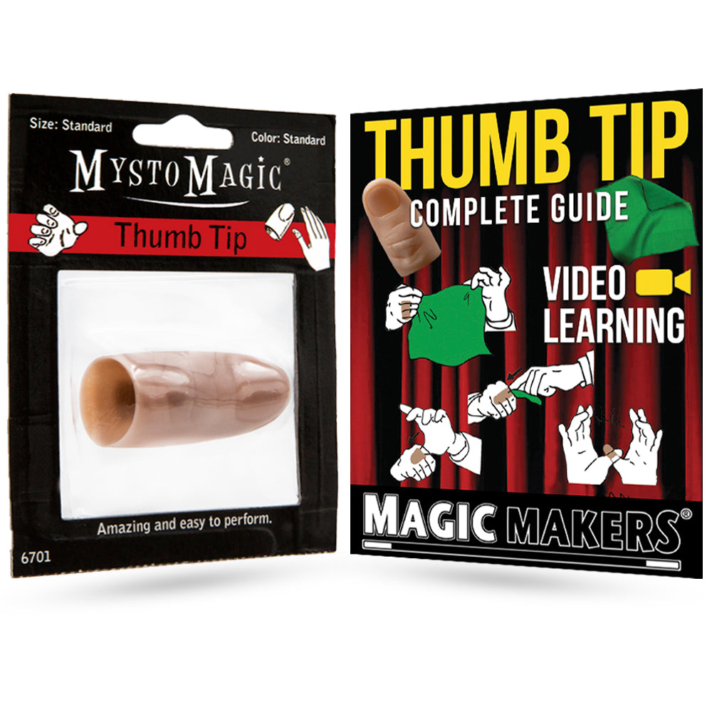 Close-up of the Mysto Magic Thumb Tip in standard size and color, paired with a vibrant red vanishing silk for magical tricks.
