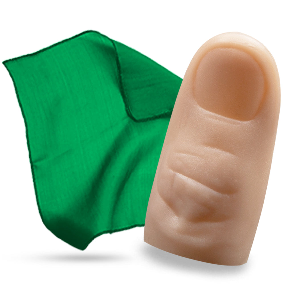 Close-up of a Mysto Magic Thumb Tip in a fair skin tone with a vibrant green 6-inch vanishing silk, perfect for magic tricks.