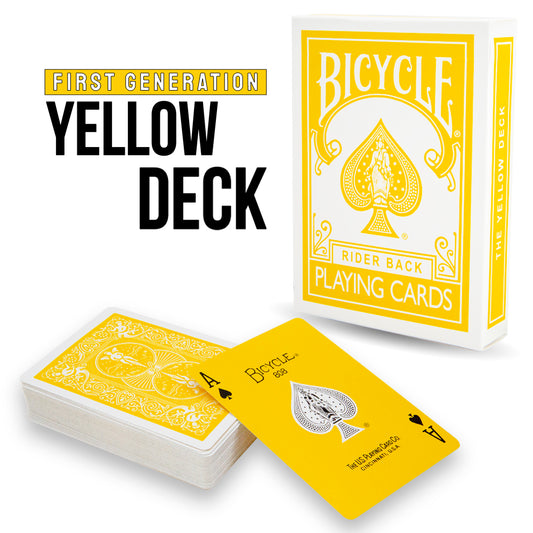 Vibrant yellow First Generation Bicycle Deck with bold black and red pips on full-color court cards, perfect for card games.