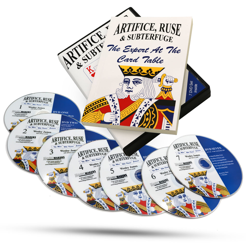 Detailed view of the Expert Card Magic Kit, showcasing a Blue Faded Bicycle Deck, a wooden card box, and instructional materials for aspiring magicians.