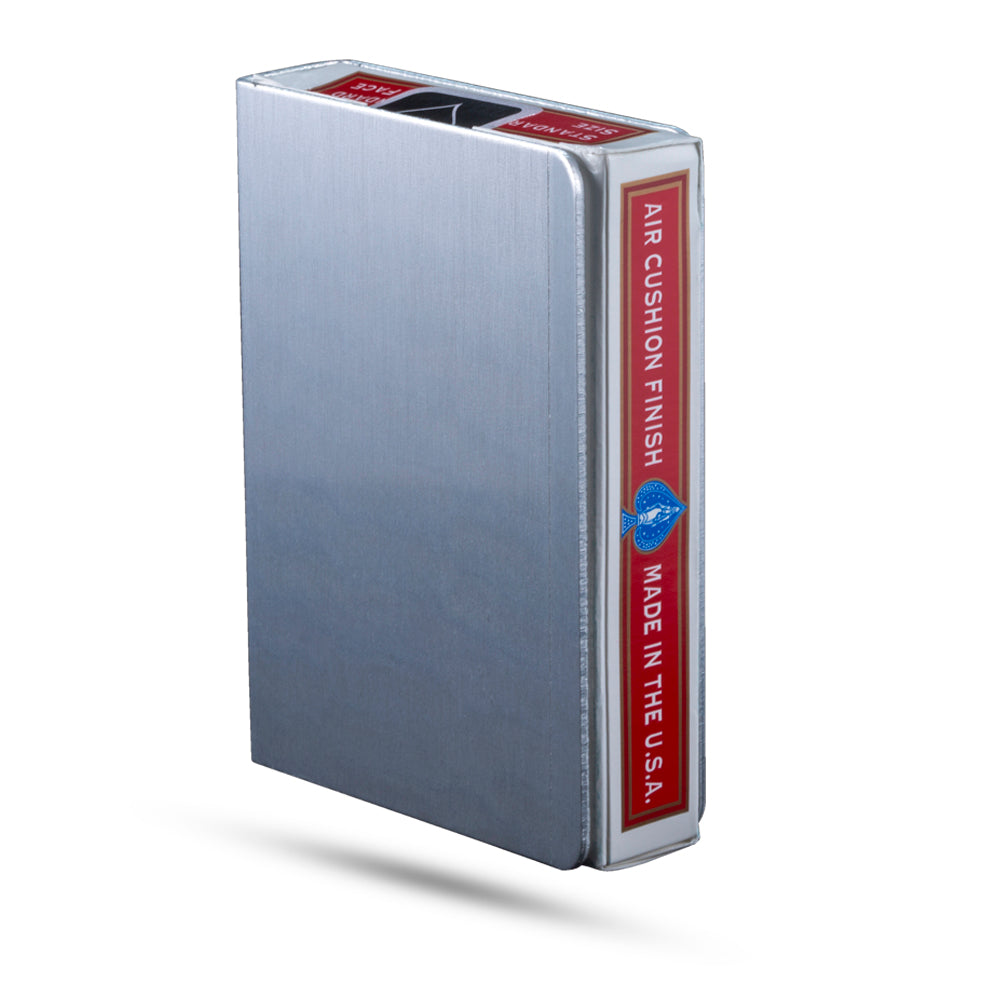 Sleek Polished Aluminum Deck Defender showcasing a shiny, metallic finish, designed to protect poker decks with precision.