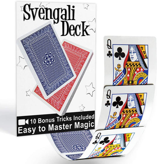 Vibrant blue Svengali Deck Pro Brand Bridge with 54 bridge-size cards, featuring a joker and instructions for magic tricks.