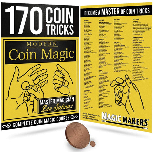 Detailed view of the Modern Coin Magic Kit, showcasing a sleek box with vibrant coin trick imagery and educational content.