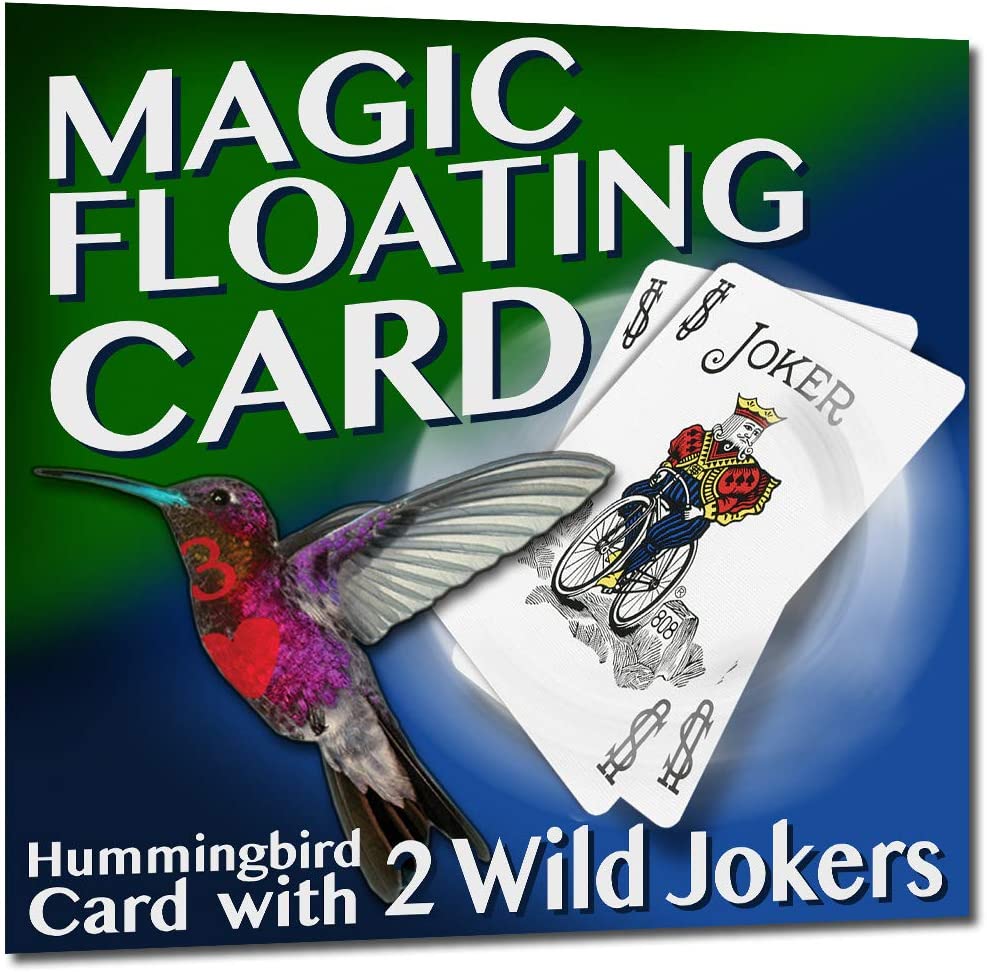 A dynamic playing card floats mid-air, mimicking a hummingbird's flight around a magician's body in a captivating trick.