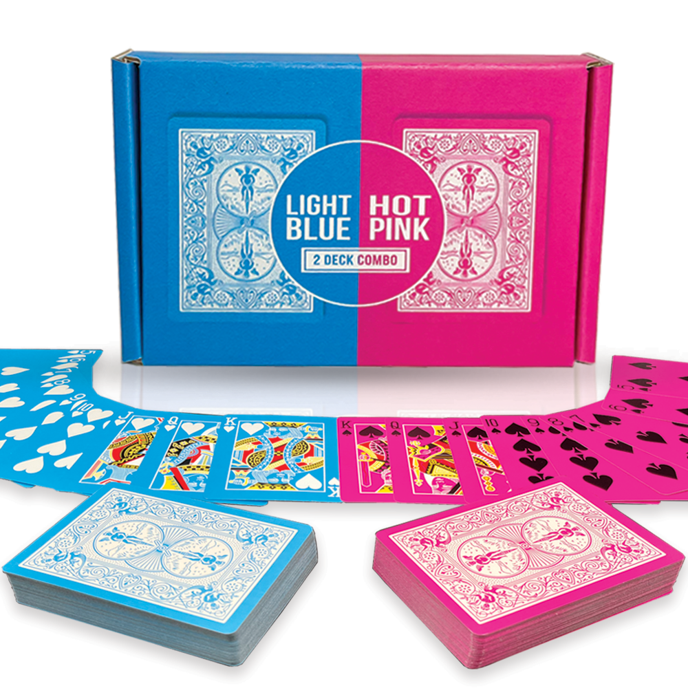 Vibrant pink and blue Bicycle playing cards in a 2-deck combo, showcasing colorful court cards with bold black and white pips.