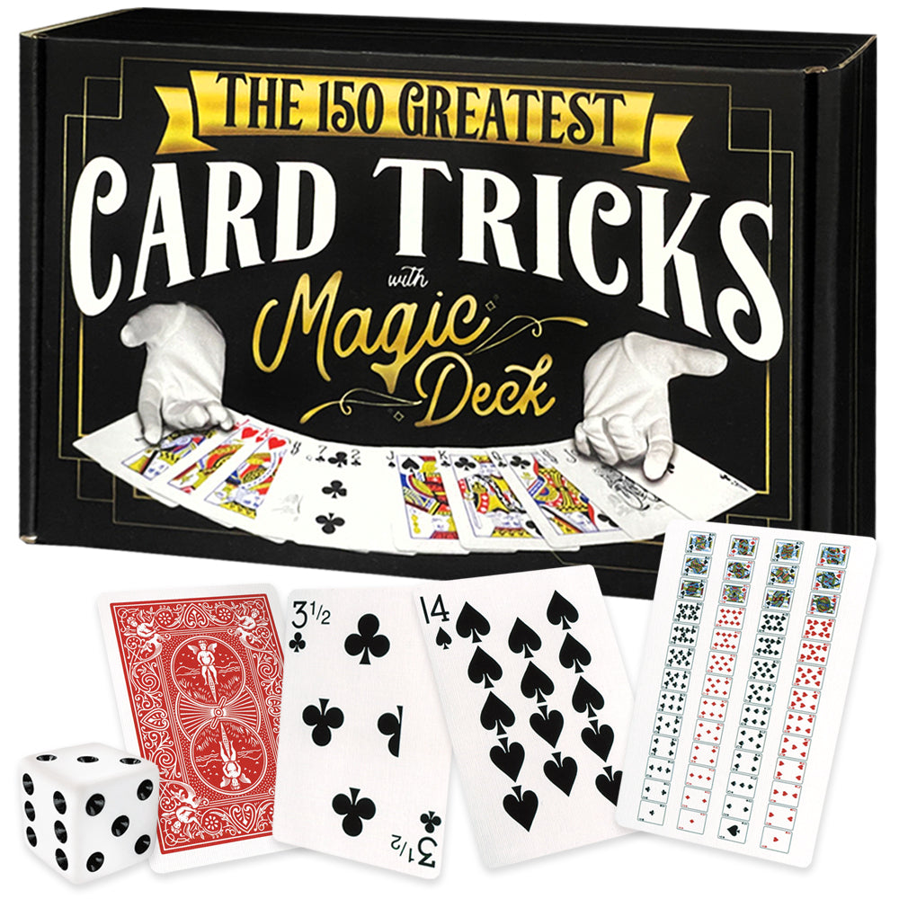 Dive into magic with the 150 Greatest Card Tricks Magic Kit, featuring vibrant card decks in red or blue and a sleek black wallet.