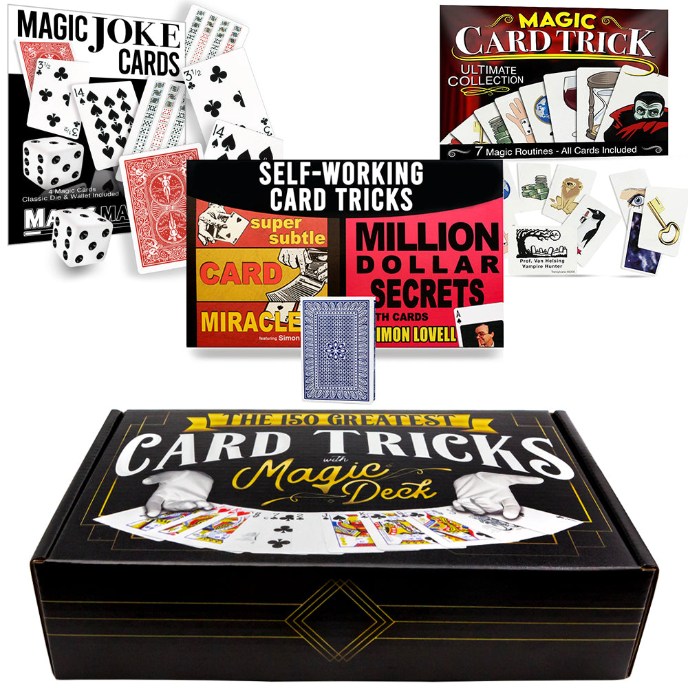 Explore the 150 Greatest Card Tricks Magic Kit, featuring vibrant trick decks in red or blue, instructional materials, and a sleek black card wallet.