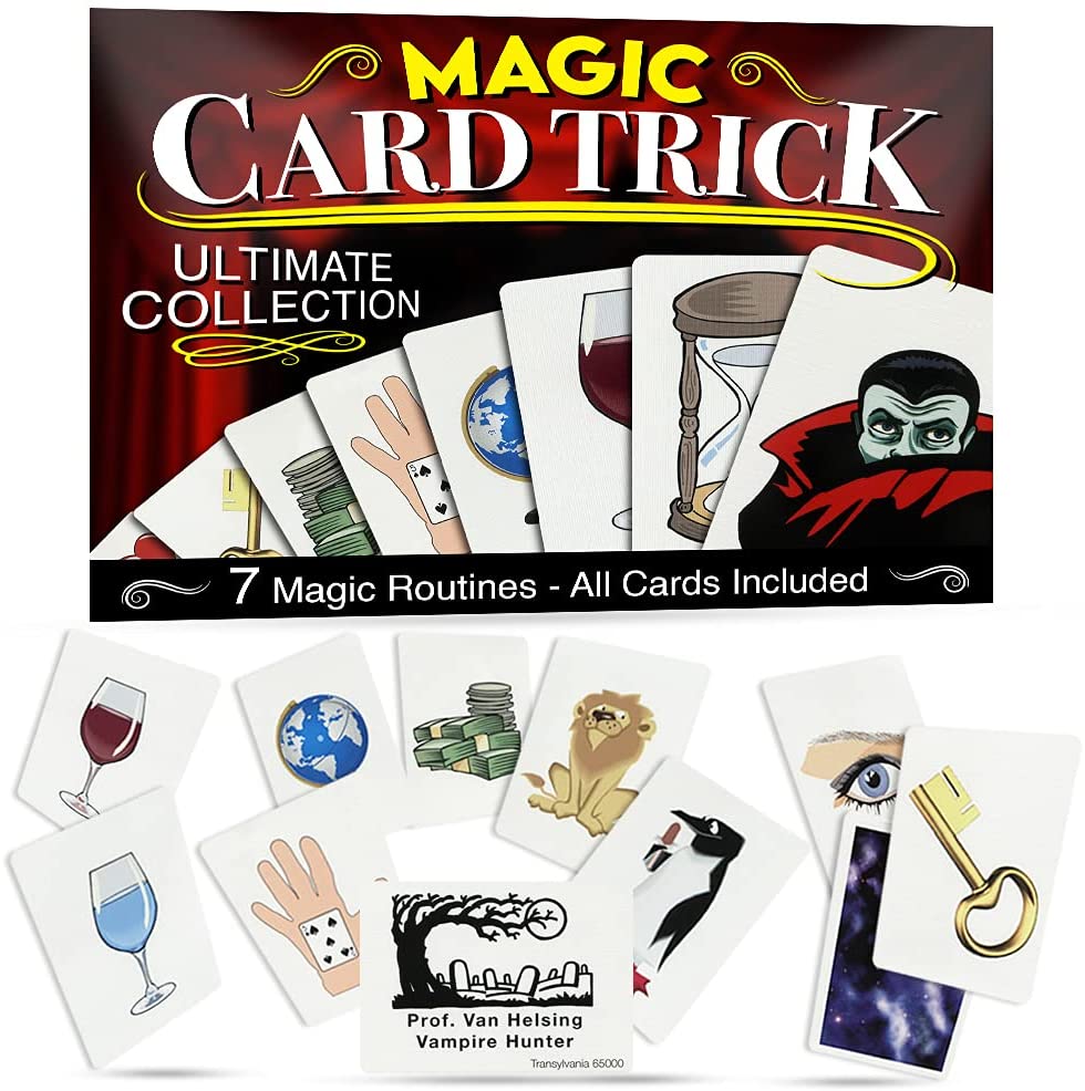 Explore the 150 Greatest Card Tricks Magic Kit, featuring vibrant red or blue trick decks and a sleek black card wallet.