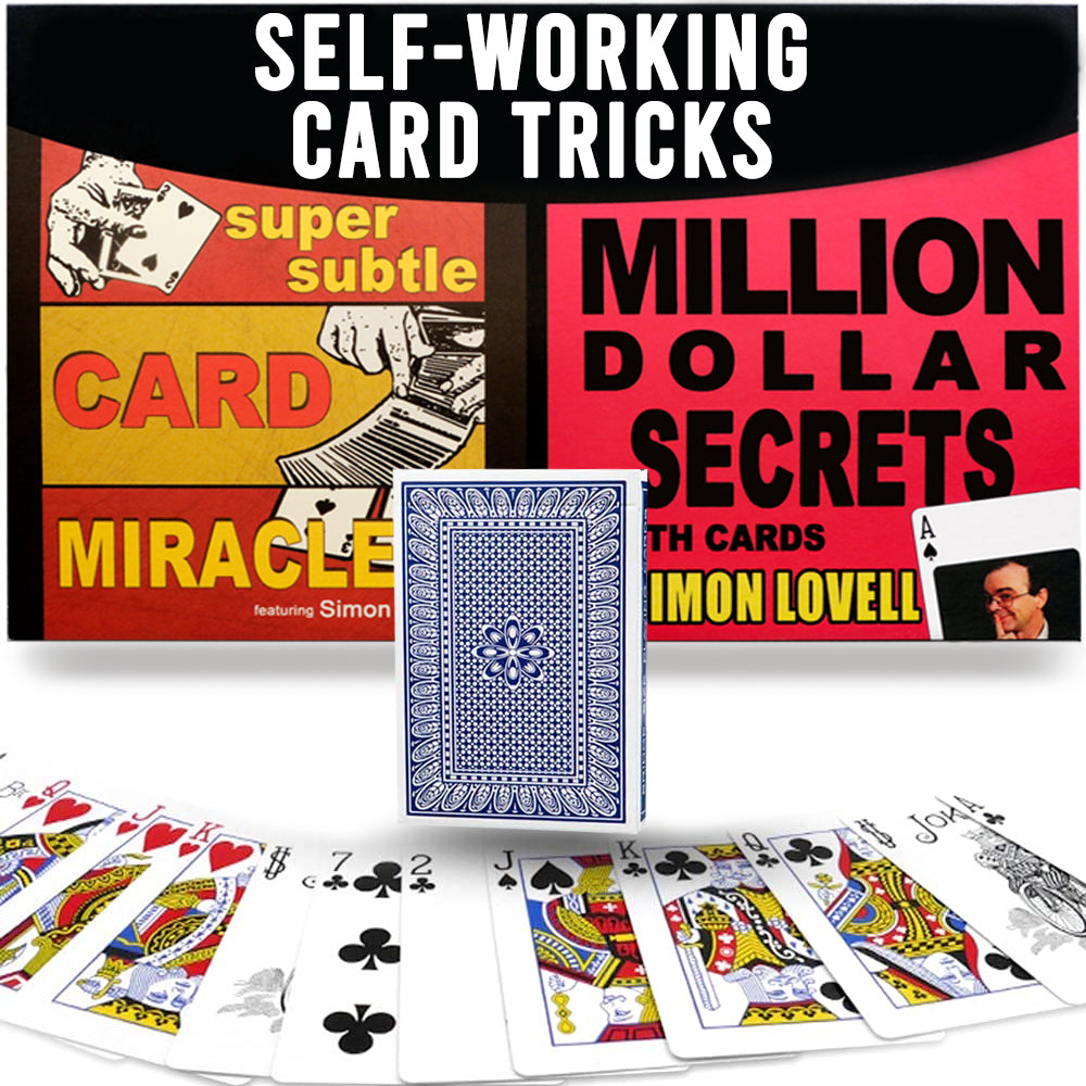 Explore the 150 Greatest Card Tricks Magic Kit, featuring vibrant red or blue trick decks and a sleek black card wallet.