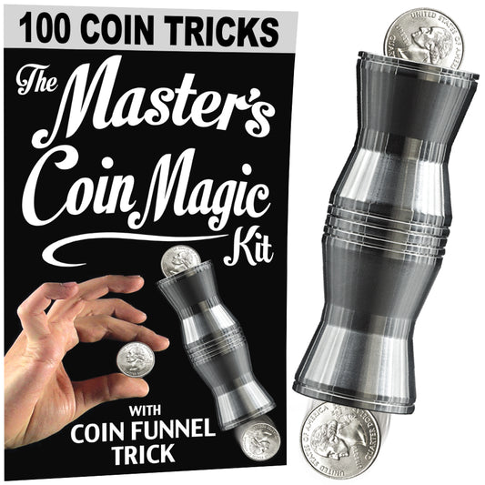 Explore The Master's Coin Magic Kit, featuring a shiny metal coin funnel and instructional DVDs for stunning tricks.
