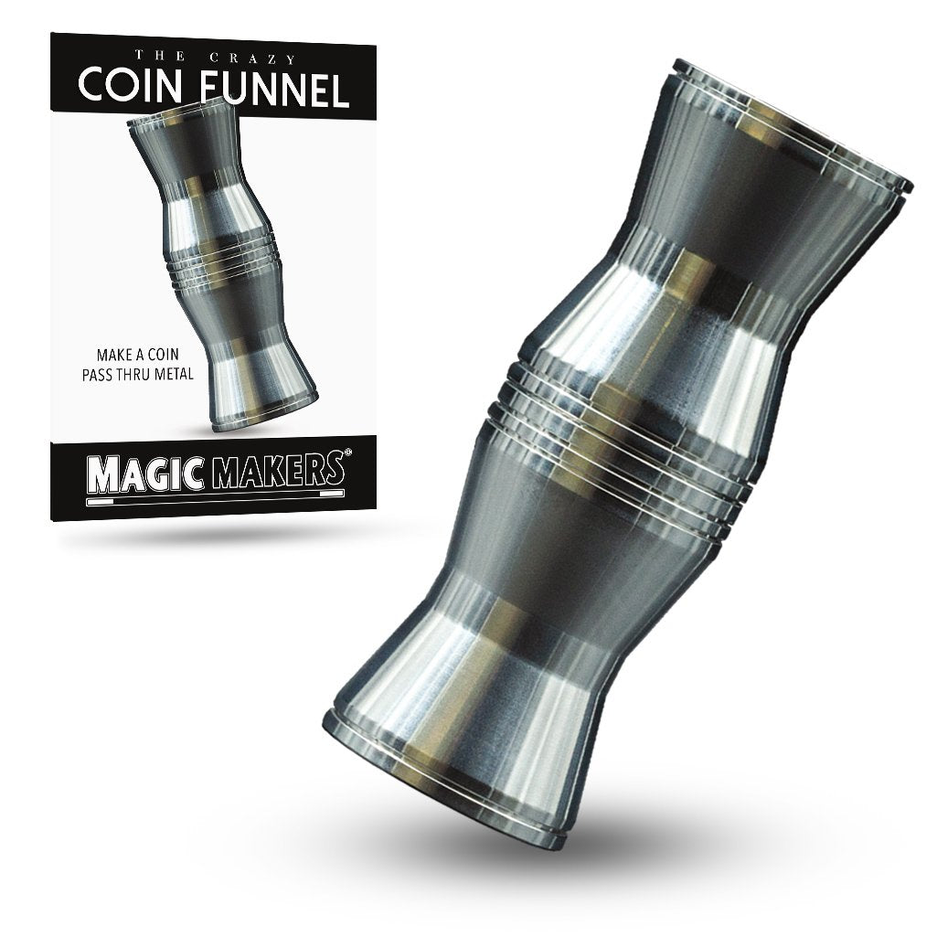 Close-up view of The Master's Coin Magic Kit, featuring a shiny metal funnel and instructional DVDs for stunning coin tricks.