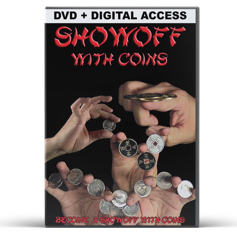 Detailed view of The Master's Coin Magic Kit, featuring a shiny metal coin funnel and instructional DVDs for aspiring magicians.