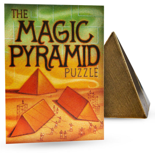 Shiny metal pyramid puzzle with two interlocking pieces that form a sleek, geometric shape when solved.