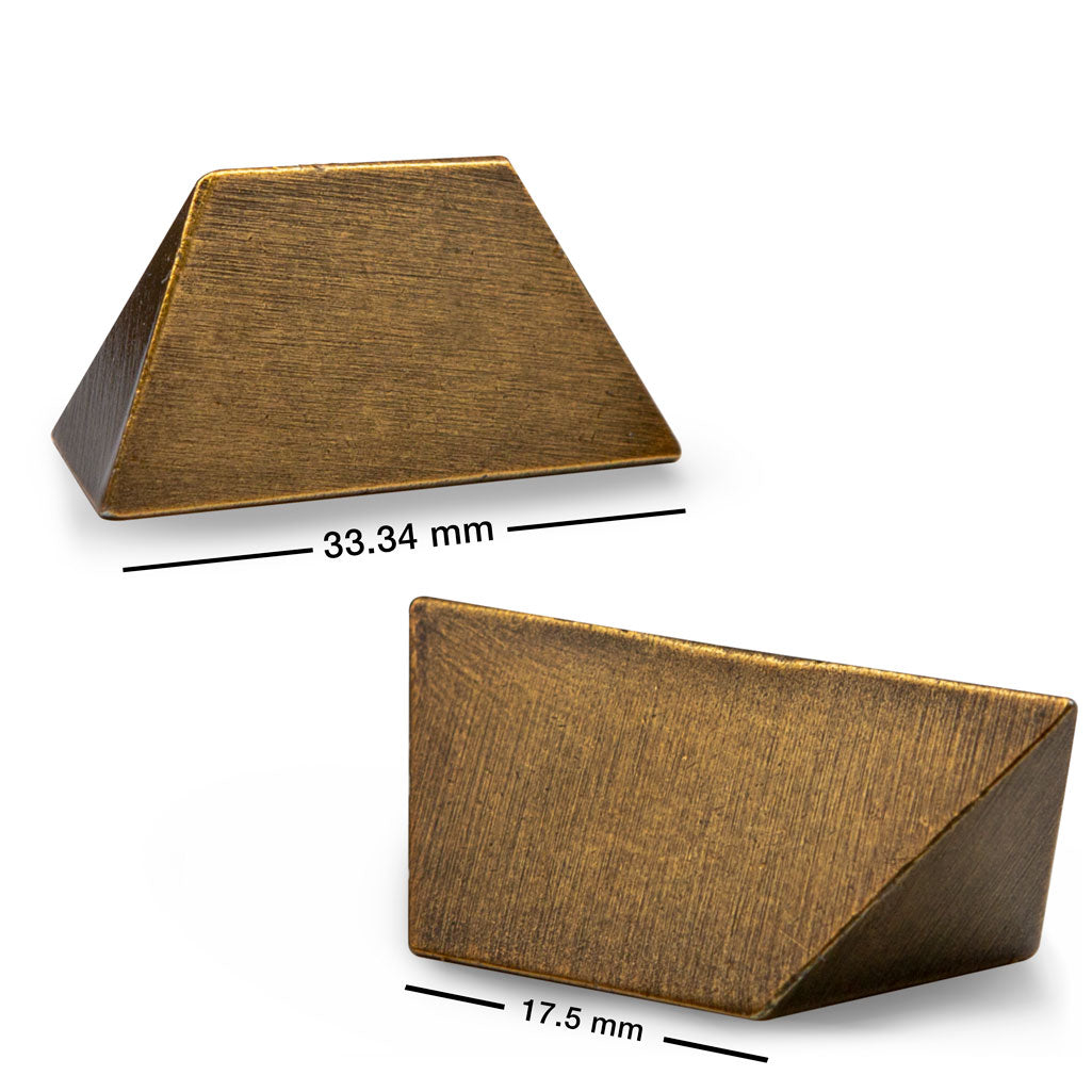 Gleaming metal pyramid puzzle with two intricate pieces that unite to form a striking geometric shape, perfect for brain teasers.