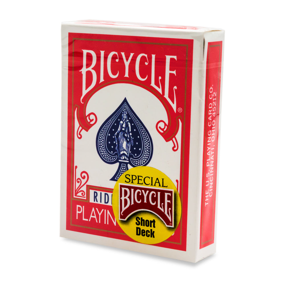 Vibrant red Bicycle Rider Back playing cards in a short deck, featuring the iconic intricate back design for card enthusiasts.
