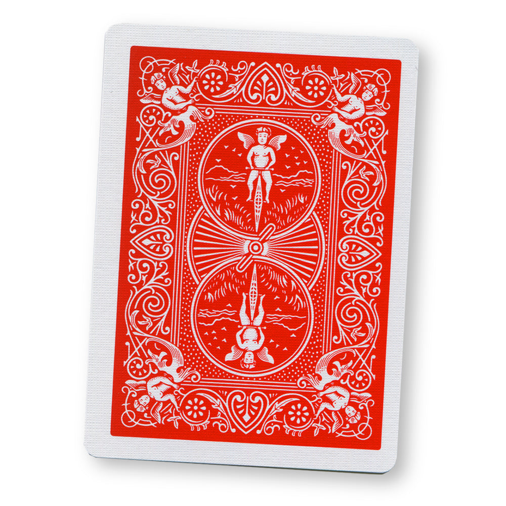 Vibrant red First Generation Bicycle Deck with striking black and white pips on full-color court cards, ready for magic.