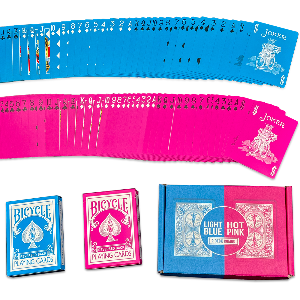 Vibrant pink and blue Bicycle playing cards in a 2-deck combo, showcasing full-color court cards and bold black-and-white pips.