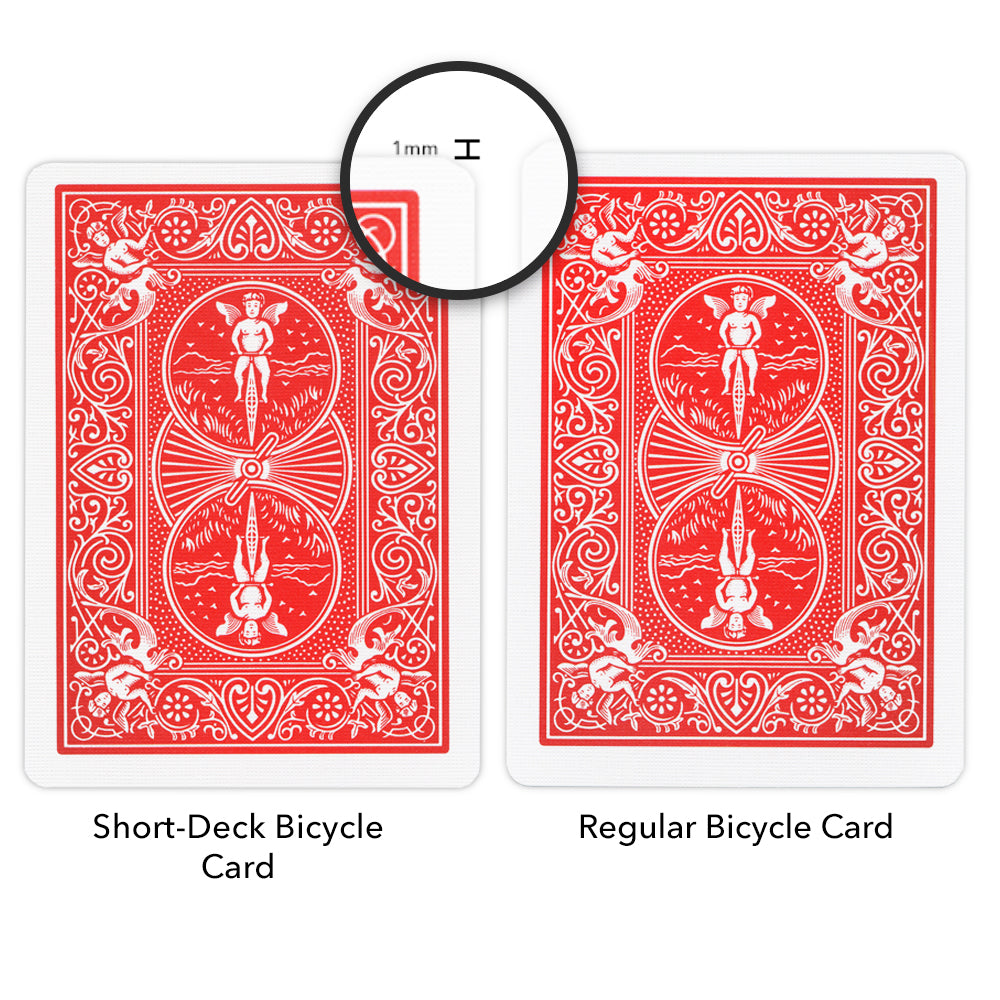 Vibrant red Bicycle Rider Back playing cards from a short deck, showcasing classic design with intricate back patterns.