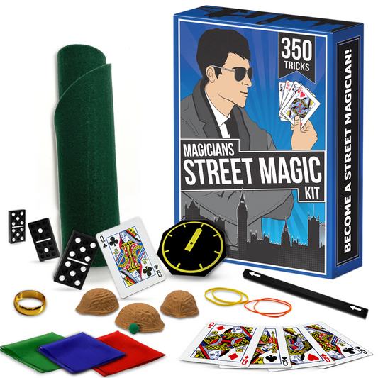 Explore the Magician's Street Magic Kit with 350 tricks, featuring cards, rings, and silk for captivating close-up illusions.