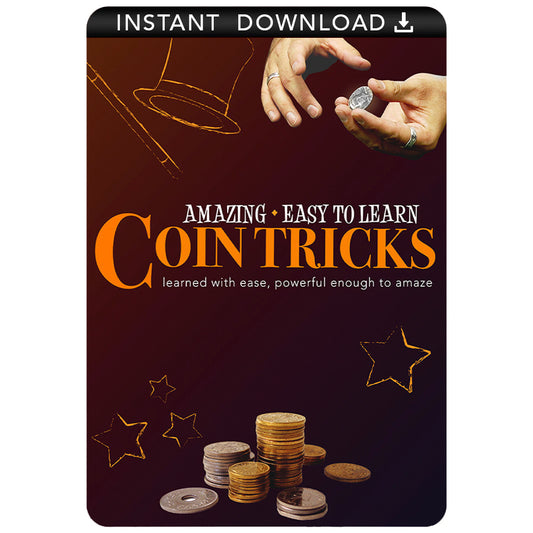 Explore the art of illusion with a digital download cover for 'Coin Tricks' by Magic Makers, featuring mysterious hands and vanishing coins.