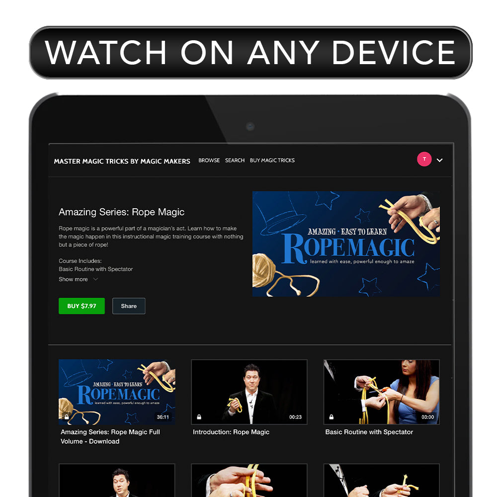 Explore rope magic tricks with this downloadable course, featuring a coiled rope ready for cutting and restoring illusions.