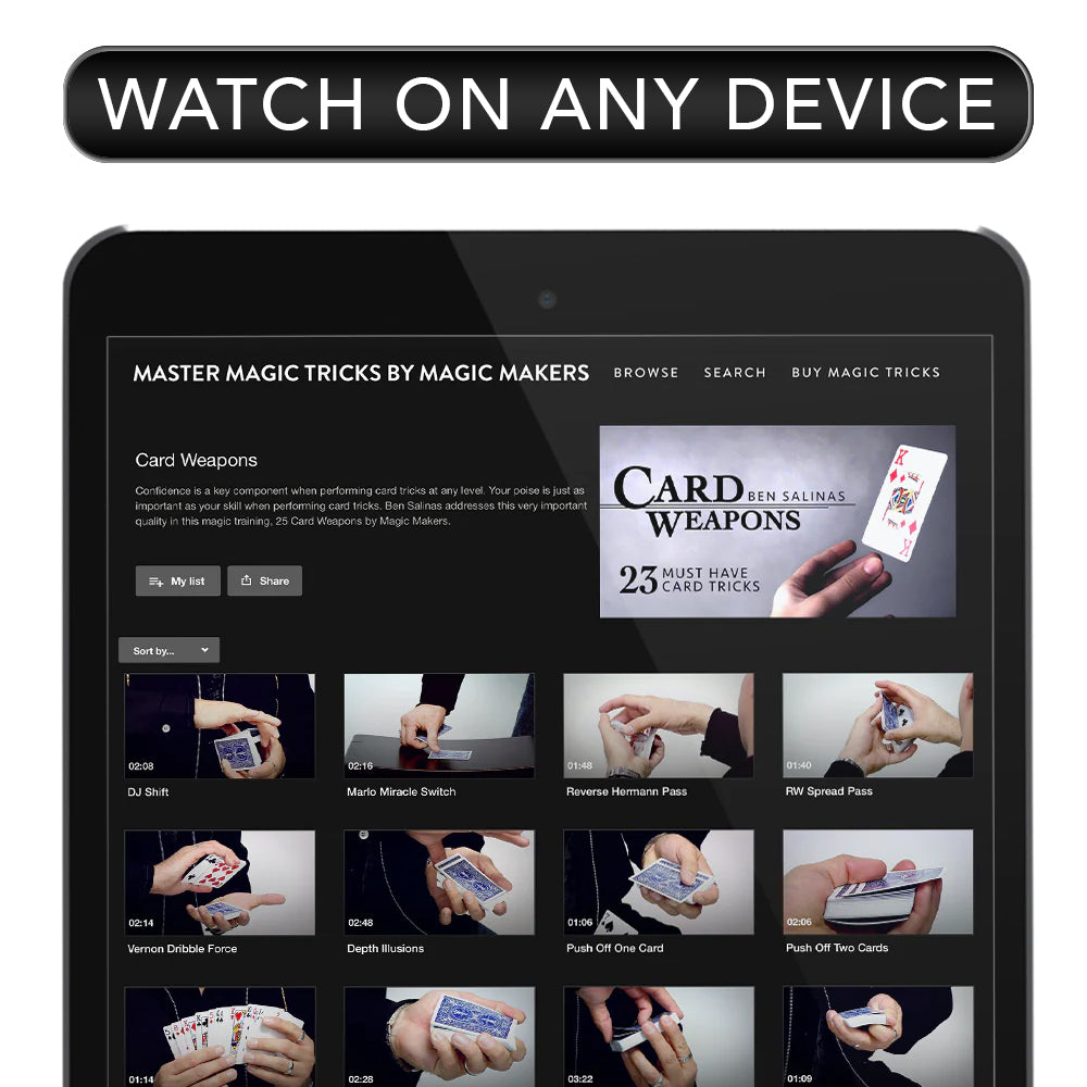 Explore 25 must-have card tricks with Ben Salinas in this Magic Makers digital download, showcasing expert magic training.