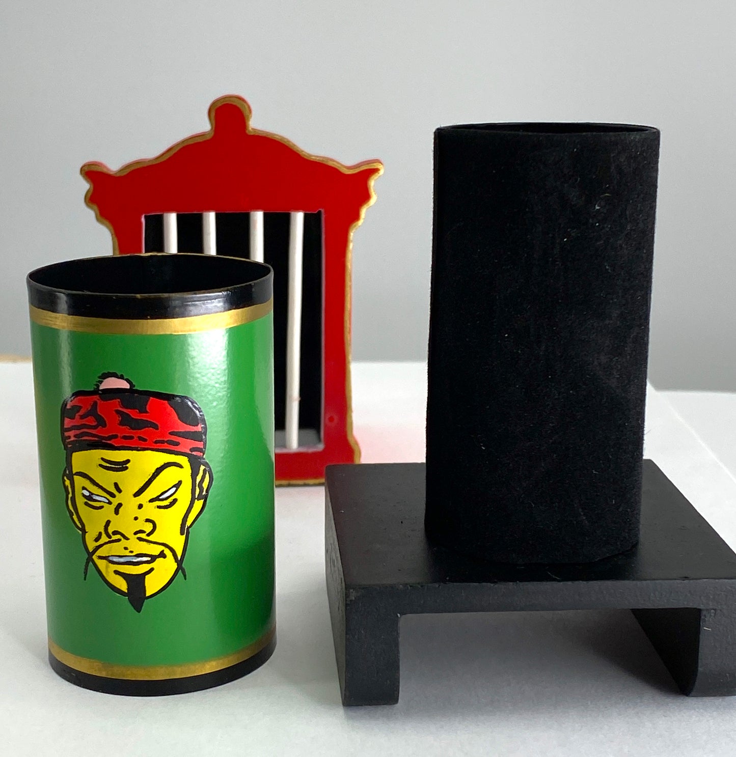 Small 3.5-inch China Mystery Square Circle magic trick with an oriental-themed tube and cage box, ready to amaze audiences.