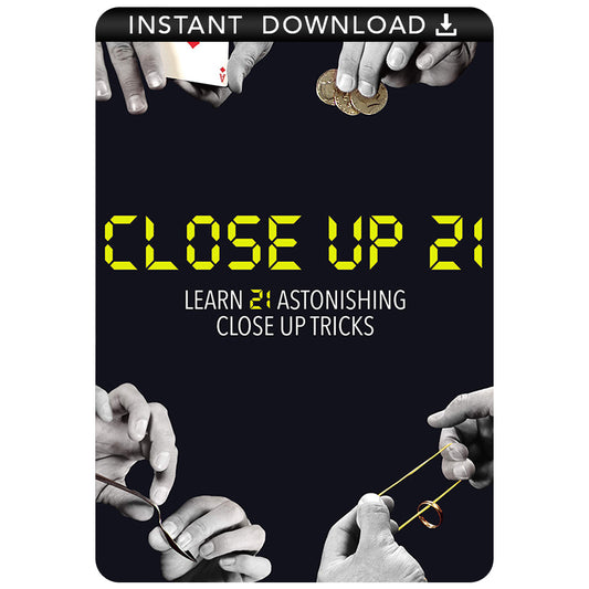 Explore 21 close-up magic tricks in this digital download, featuring cards, coins, and rubber bands in action.
