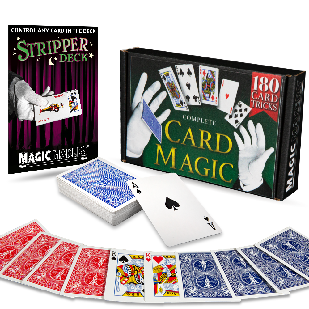Explore card magic with The Complete Card Magic Kit, featuring a vibrant set of gimmicked cards and digital access booklet.