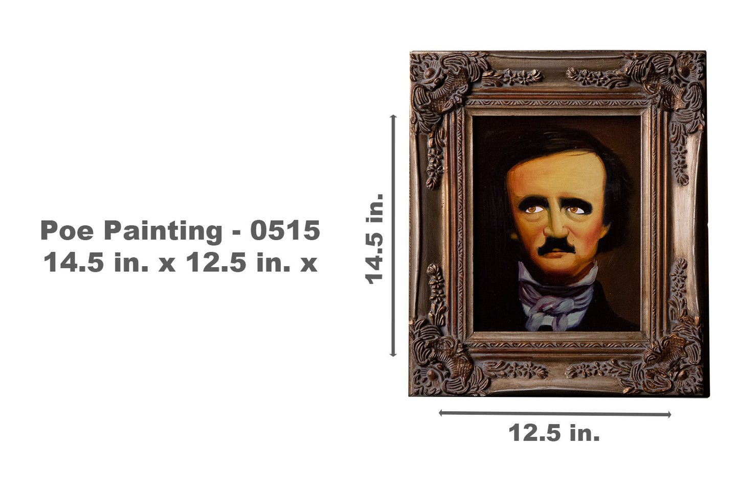 Eerie oil painting of Edgar Allan Poe, framed in a vintage style, with haunting eyes that seem to follow you, sized 14.5x12.5 inches.