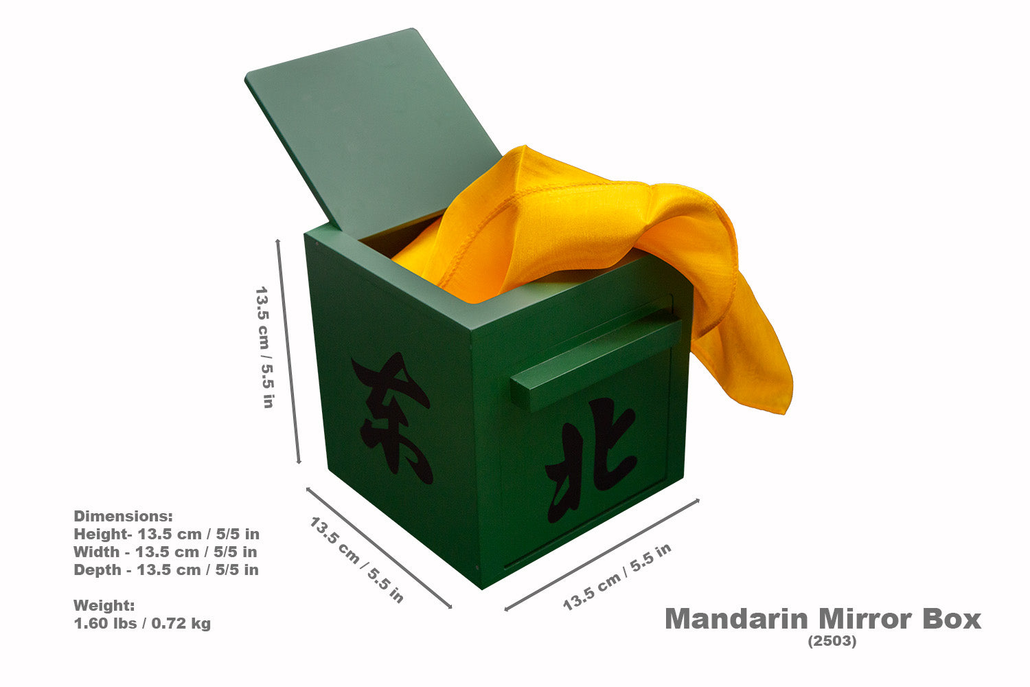 Vibrant green Mandarin Mirror Box with a glossy finish, ideal for magical appearances of silks or small props.