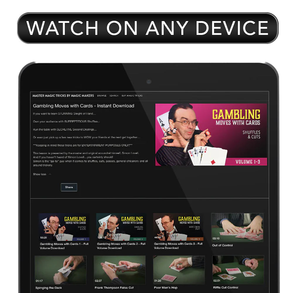 Detailed video tutorial cover for 'Gambling Moves With Cards Download' featuring card trick techniques by Simon Lovell.