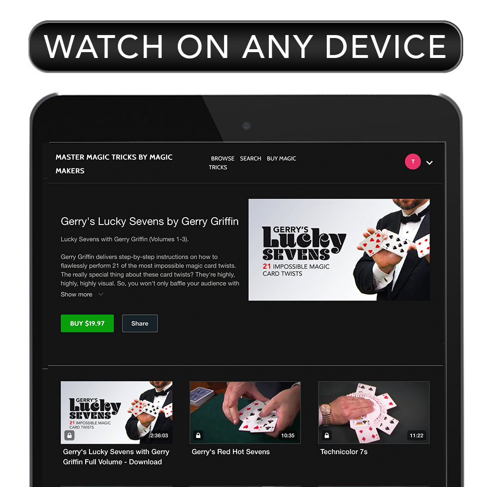 Vibrant digital cover of Gerry's Lucky Sevens download, showcasing dynamic magic card tricks with bold, visual flair.