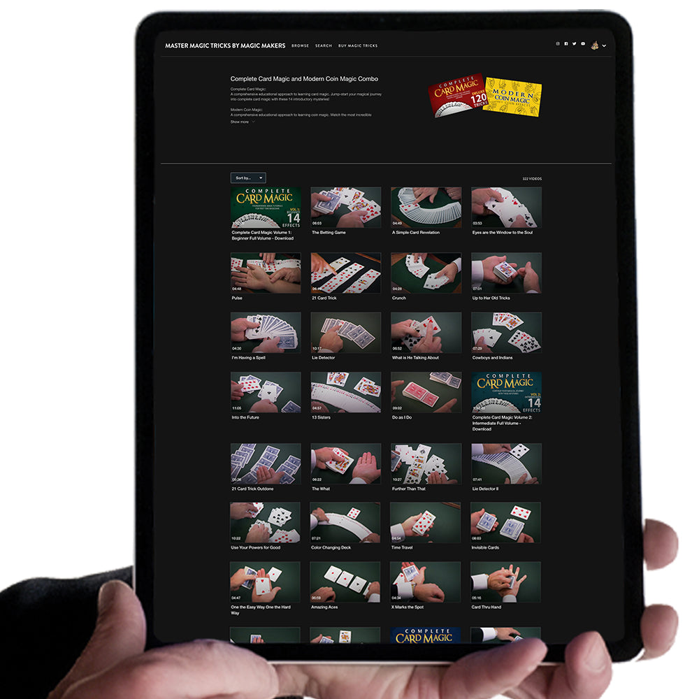 Explore the Modern Coin Magic Ultimate Combo Set, featuring digital access to 7 volumes of card magic and over 170 coin tricks.
