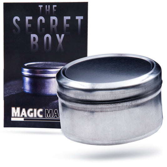 Small tin box from The Secret Box magic trick, hiding a mysterious object inside, perfect for fooling even magicians.