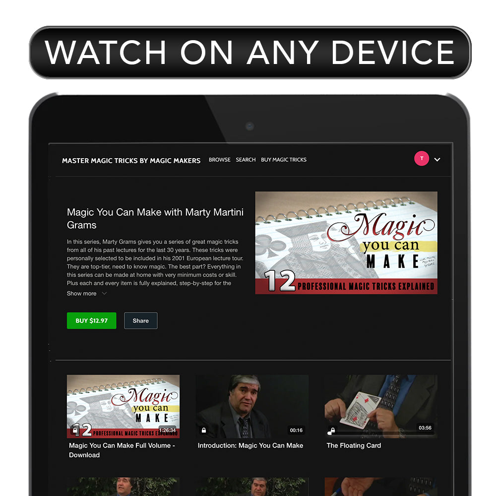 Explore the "Tricks You Can Make Download Combo" with vibrant visuals of magic tricks and instructional content for aspiring magicians.